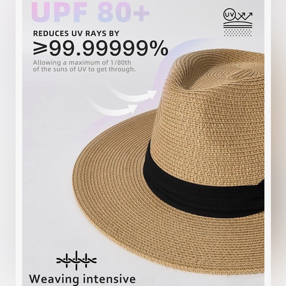 Wide Brim Straw Panama Hat Fedora Summer Beach Women's - Picture 4 of 5